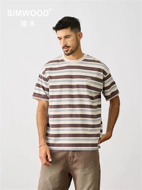 Simwood Summer New Super Loose Fit Vintage Striped T Shirts Men