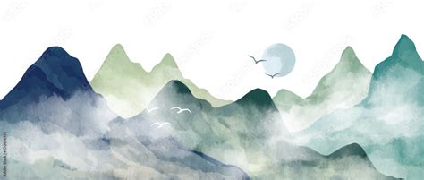 Natural blue mountain landscape. Watercolor painting. Abstract contemporary aesthetic ...