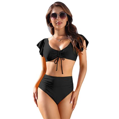 New Solid Color High Waist Bikini Ruffle Drawstring Split Swimwear Womens Sexy Swimsuit Suit