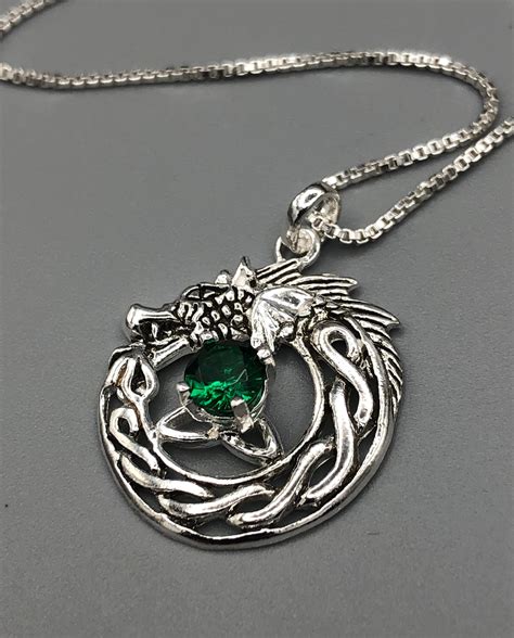 Celtic Dragon Emerald Necklace In Sterling Silver With Chain Trinity