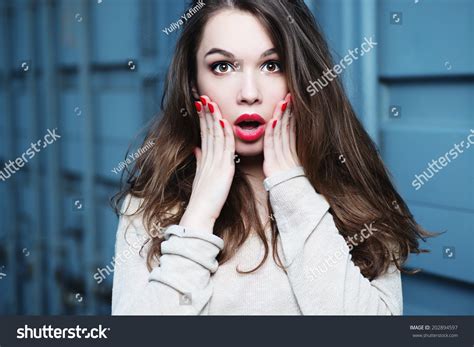 Portrait Beautiful Brunette Girl Surprised Look Stock Photo Shutterstock