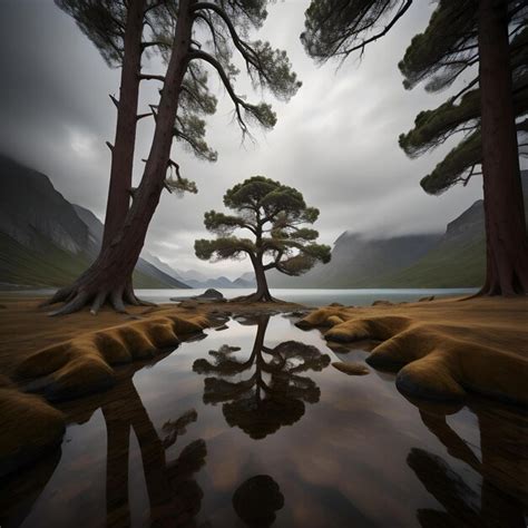 Premium Photo Pine Tree Reflected In A Puddle On A Mountain Lake