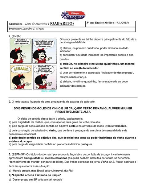 Interpretação De Texto Para 3 Ano Ensino Medio Com Gabarito Texto Exemplo