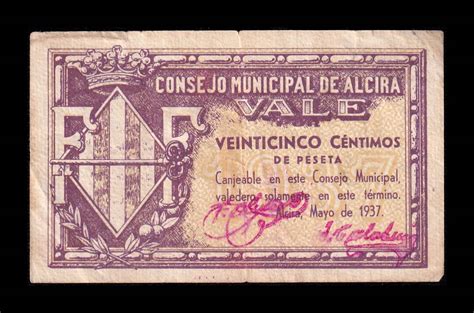 España Billete Local Alcira Vale 25 Céntimos 1937 Mbc Vf NUMISMÁTICA