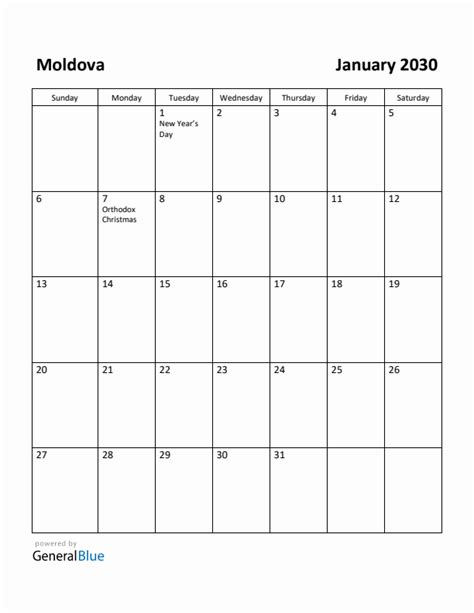 Free Printable January 2030 Calendar for Moldova