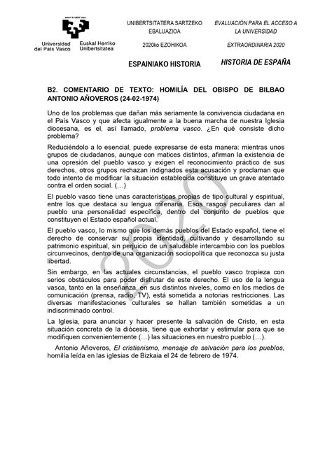 Examen De Historia De España Ebau De País Vasco Convocatoria