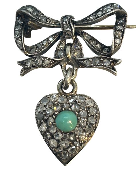 Cute Victorian French Turquoise Diamond Heart And Bow Brooch At Decoandvintage Ltd