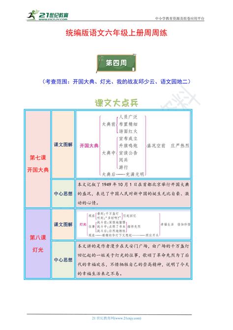 统编版语文六年级上册周周练 第4周（开国大典、灯光、我的战友邱少云、语文园地二）（含答案） 21世纪教育网