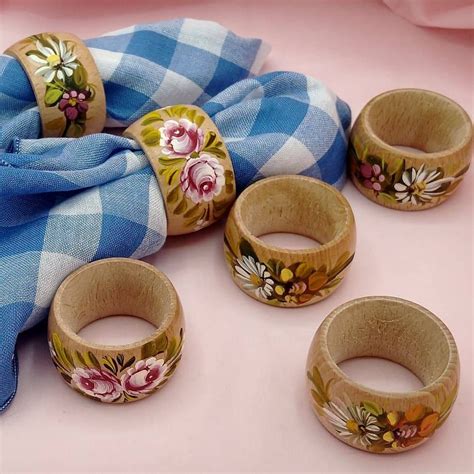 Vintage Wooden Hand Painted Floral Napkin Rings Etsy