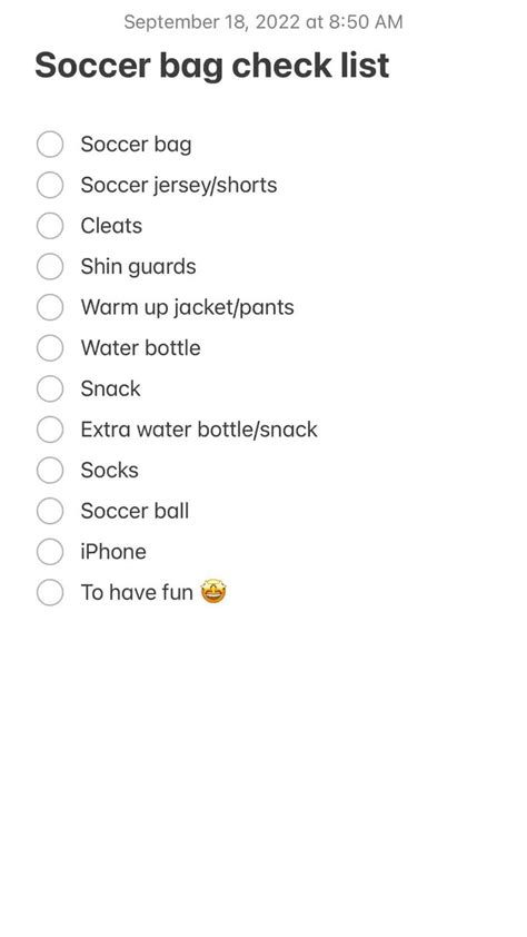 Soccer bag checklist