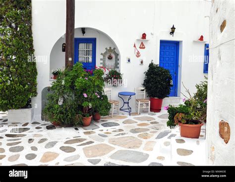 Traditional Patio In Small Greek Village Paros Stock Photo Alamy