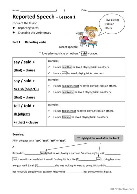 Reported Speech Lesson 1 General Gra… English Esl Worksheets Pdf And Doc