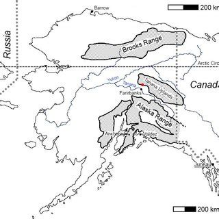 Map of Alaska. The interior of Alaska extends in between the Brooks ...