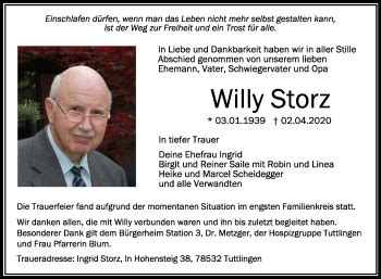 Traueranzeigen Von Willy Storz Schwaebische De Trauerportal