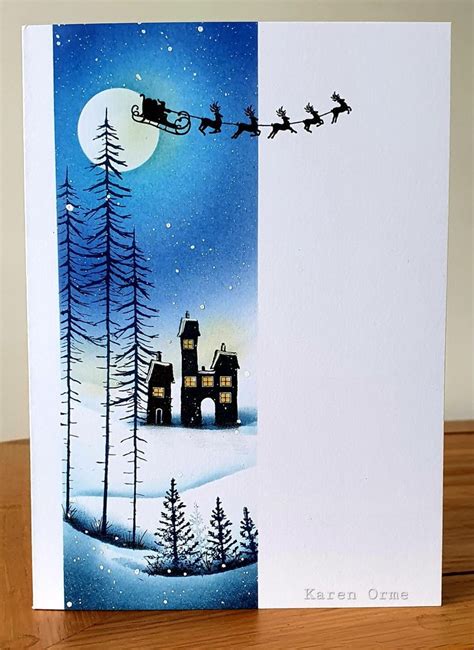 A Christmas Card With Santa S Sleigh Flying Over A House And Trees