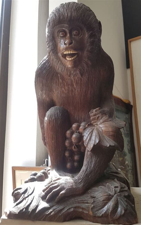 Proantic Sculpture De Singe En Bois Sculpté Japon