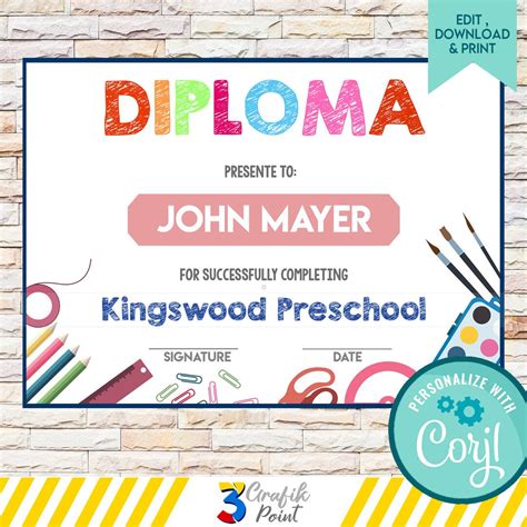 Editable Preschool Award Certificate, Preschool Diploma, Editable Award ...