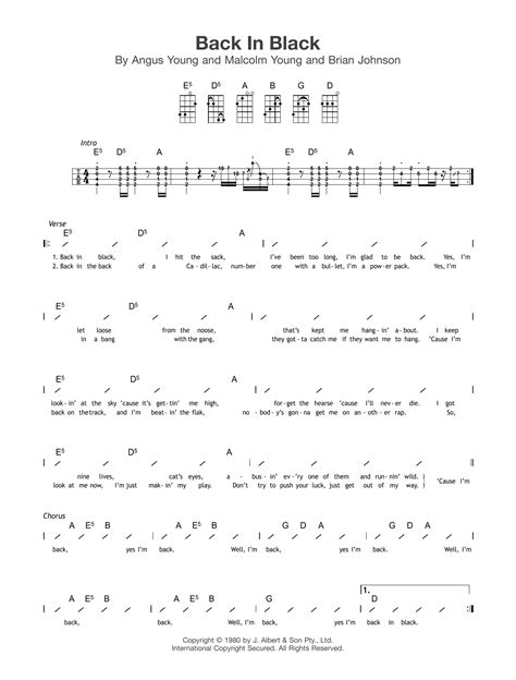 Back In Black By Ac Dc Sheet Music For Ukulele Chords Lyrics At Sheet Music Direct