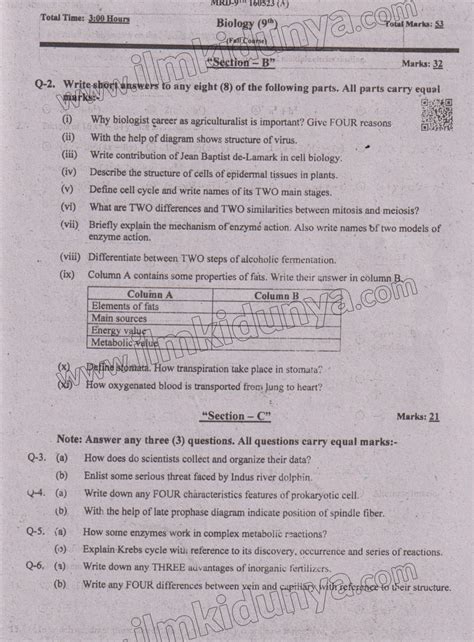 Past Paper 2023 Mardan Board Class 9th Biology Subjective