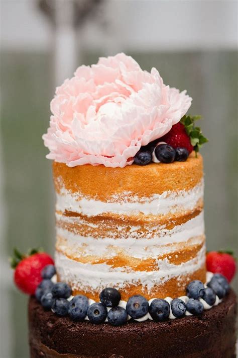 Pink Peony Gumpaste Flower Naked Wedding Cake With Berries