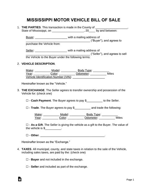 Free Mississippi Motor Vehicle Bill Of Sale Form Word Pdf Eforms