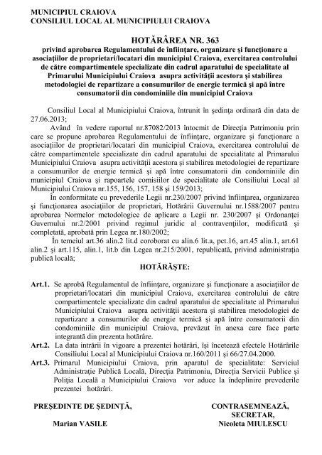 Hotărârea consiliului local nr 363 pe 2013 Primaria Craiova