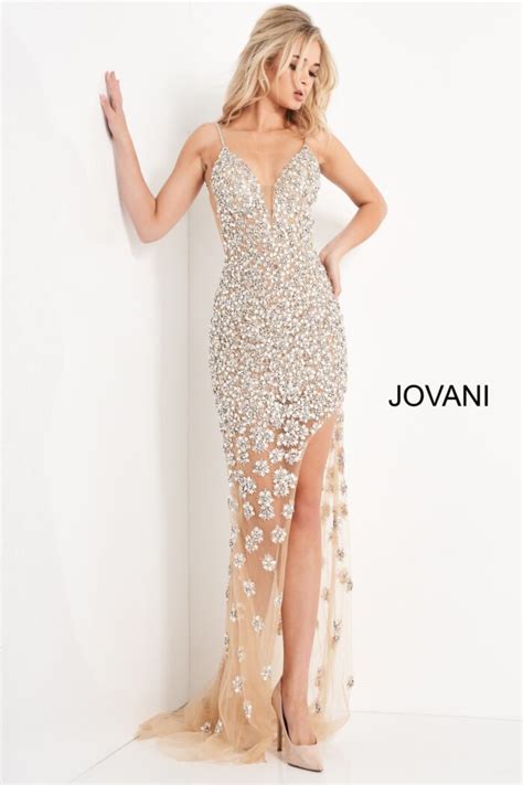 Jovani 02492 Nude Beaded High Slit Prom Dress Jovani