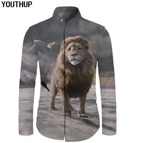 Youthup 2018 New Men Shirts 3d Printed Lion Slim Fit Shirts Casual