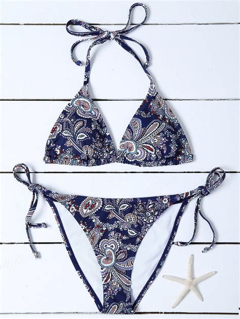 Tie Side Paisley Padded Bikini Set PURPLISH BLUE M In Bikinis