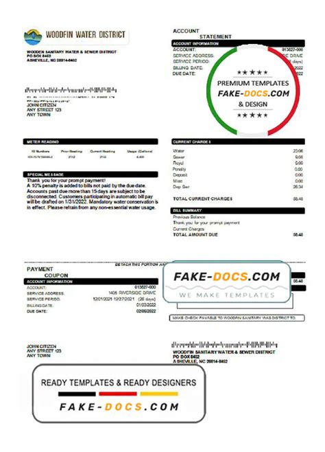 USA North Carolina Woodfin Sanitary Water & Sewer District utility bill ...