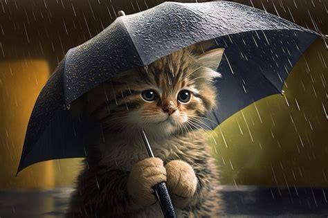 Premium Photo Cat Is Holding An Umbrella In The Rain Generative Ai