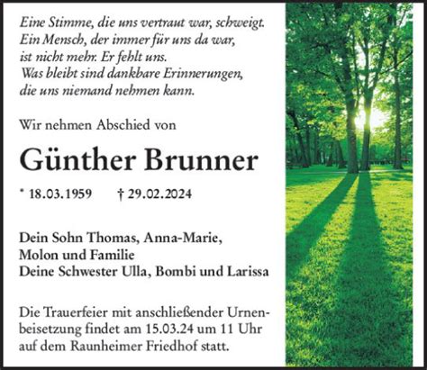 Traueranzeigen von Günther Brunner vrm trauer de