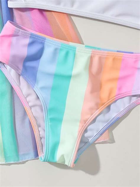 Niñas 3 piezas Bañador bikini de rayas combinadas con abertura con kimono Moda de Mujer