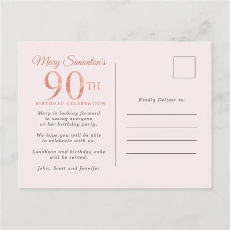 Blush Pink Gold Floral 90th Birthday Party Invitation Postcard Zazzle