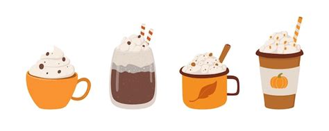 Premium Vector Set Of Coffee Vector Illustration Mug With Cappucino Pumpkin Latte Hot