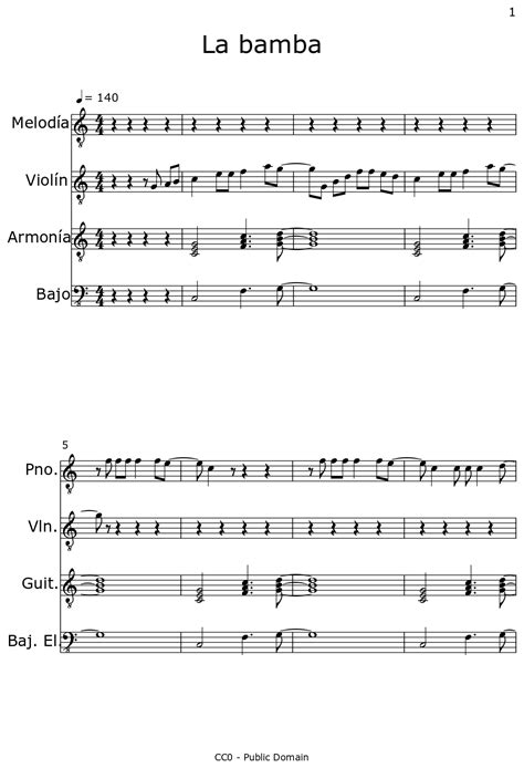 La Bamba Sheet Music For Piano Violin Classical Guitar Electric Bass