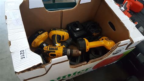 Three Dewalt 18 Volt Drills With Batteries And 5 Chargers