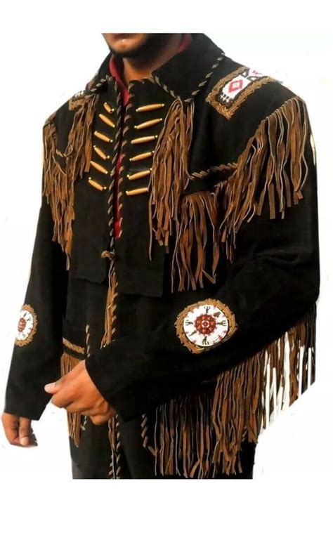 Men S Native American Western Style Suede Leather Fringes Beads And Bones Jackets Native