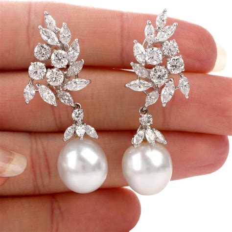 1990s Cluster Diamond Pearl Dangle Platinum Drop Earrings at 1stDibs