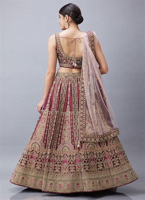 Buy Burgundy Organza Silk Hand Work Umbrella Lehenga Choli With Dupatta