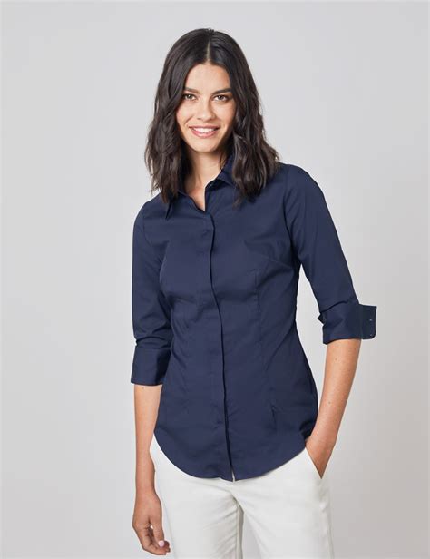 Bluse Slim Fit Baumwollstretch Verdeckte Knopfleiste Navy