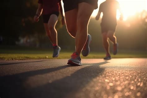 Premium AI Image Close Up Legs Of Runners Running In Park On Sunrise