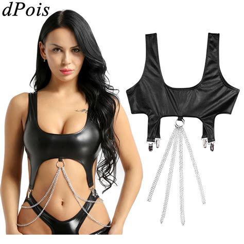 Women Fashion Pu Leather Bikini Top With Metal Tassel Chain Clips Bra