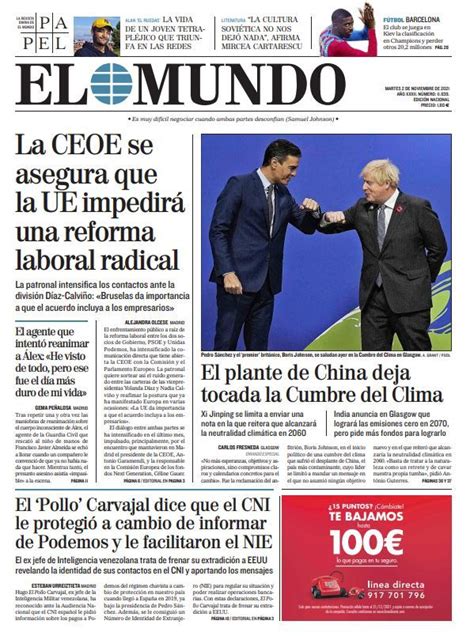 Portada De El Mundo Del Martes De Noviembre De Medios