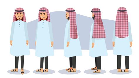 Cartoon Character Of Muslim Arab Man Front Side Back 3 4 View