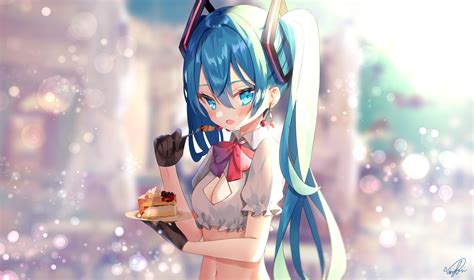 Aqua Eyes Aqua Hair Blush Breasts Cake Cleavage Food Gloves Hatsune