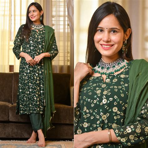 Green Sequins Embroidered Georgette Suit