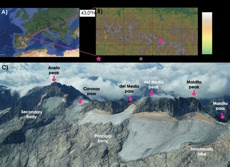 Location of the Aneto Glacier. (A) Map of Europe, with the pink ...