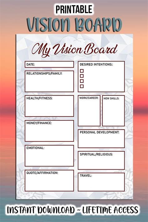 Printable Vision Board Goal Setting Self Love Energy Gratitude Abundance Instant Downl