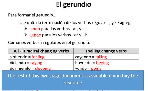 Worksheet On The Gerund In Spanish Teaching Resources